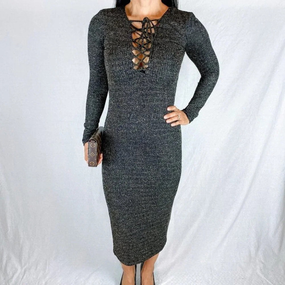 Bardot Black Gold Lace Up Sweater Midi Dress $179 - Picture 3 of 14